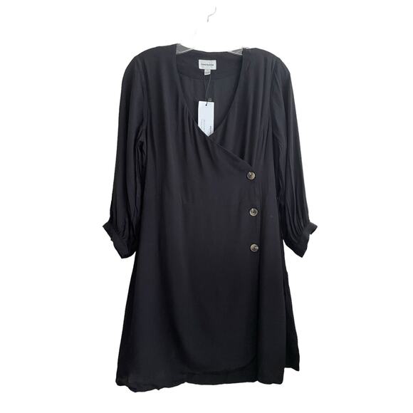 Frank And Oak A-line Mini Dress‎ Size Medium Black Wrap Button Front V-neck NWT - Picture 1 of 8